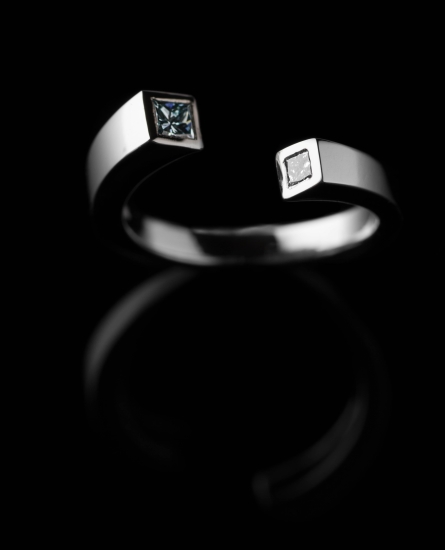 Palladium, blue and white princess cut diamonds